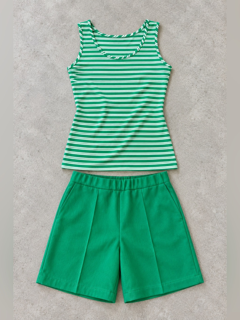 Vintage 1970s Green Striped Sleeveless Top and Shorts Set